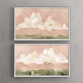 Abstract Wall Art With Pink Background White Clouds And Green Landscape 3d model