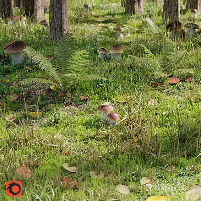 Decorative Ornament Set With Mushrooms Ferns Moss On Grass And Fallen Leaves Tree Trunk 3d model 