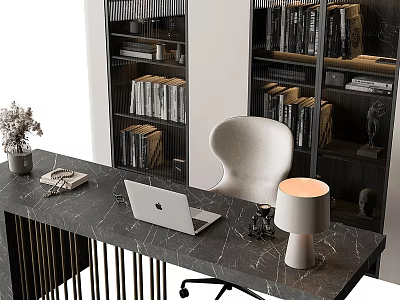 Modern Office Desk Interior With Laptop Lamp Potted Plant Chair And Bookshelves 3d model