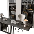 Modern Office Desk Interior With Laptop Lamp Potted Plant Chair And Bookshelves