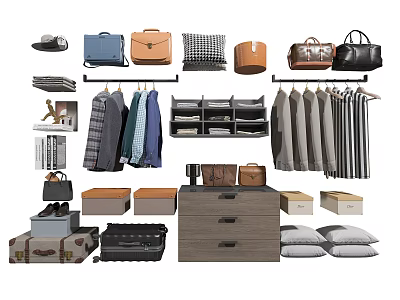 Organized Clothes Storage Featuring Hanging Plaid and Striped Shirts with Drawer Cabinet 3d model