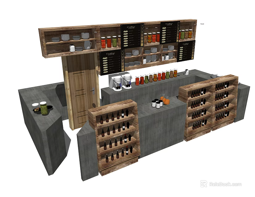 Modern Wooden Reception Desk With Gray Countertop Coffee Cups And Wine Racks 3d model 