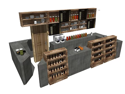 Modern Wooden Reception Desk With Gray Countertop Coffee Cups And Wine Racks 3d model