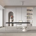 Modern Minimalist Study Room With Black Desk Chair Open Shelving Flower Vase And Gray Rug