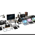 Complete Office Workspace With Desk Lamp Monitor Laptops Printer Books Binders And Stationery