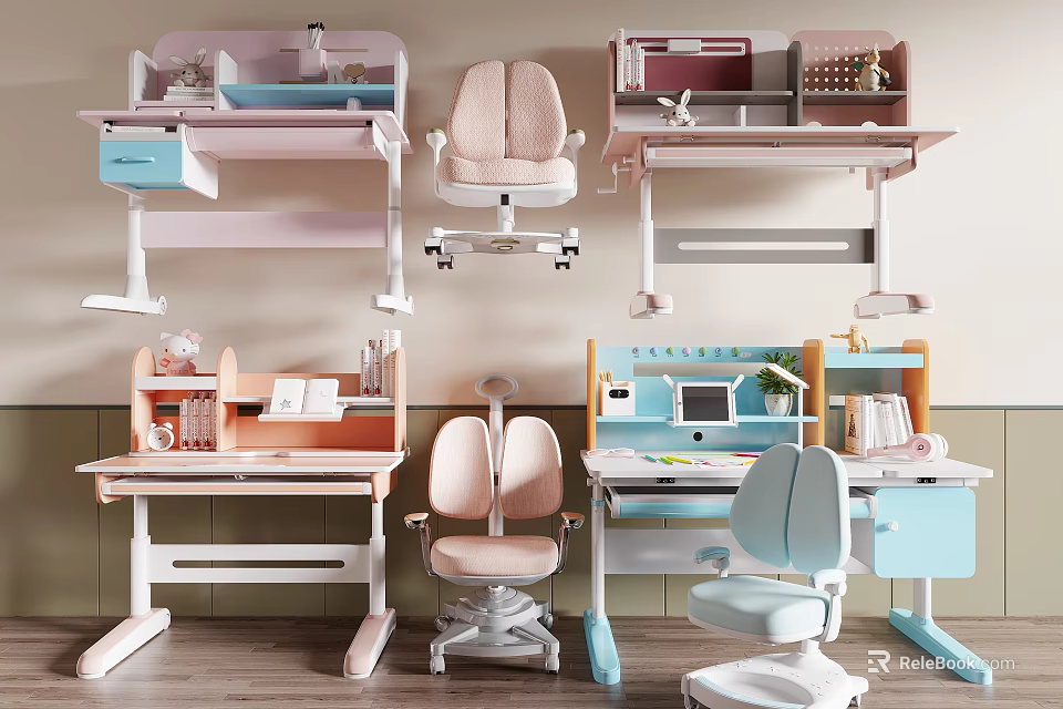 Modern Kids Desk And Chair Set With Storage Shelves Drawers And Multiple Colors 3d model 