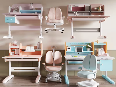 Modern Kids Desk And Chair Set With Storage Shelves Drawers And Multiple Colors 3d model