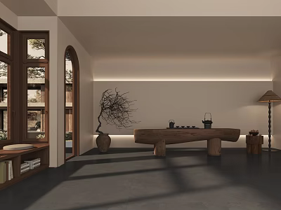 Traditional Chinese Teahouse Interior With Wooden Table Decorative Vase Natural Light And Serene Atmosphere 3d model