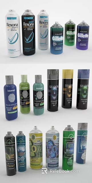Various Personal Care Products With Rexona Gillette Branded Colorful Bottles 3d model 