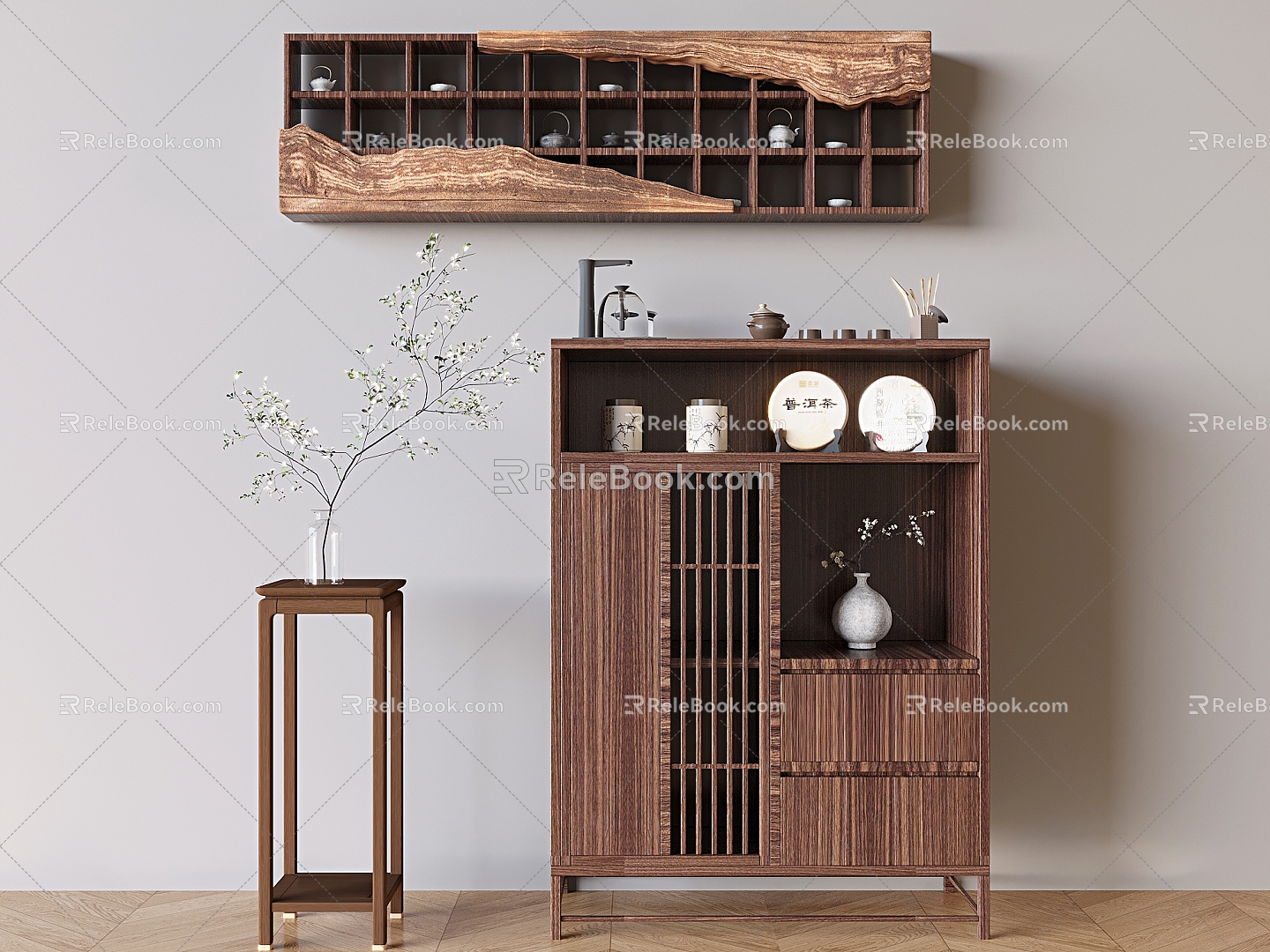 Antique Sideboard Cabinet Tea Cabinet Storage Cabinet Entrance Cabinet Wall-mounted Duobao Pavilion Antique Rack Tea Cup Rack Solid Wood Flower Rack 3d model