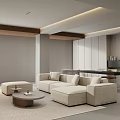 Modern Beige L-shaped Sofa Coffee Table Set with Round Table Wooden Accents and Green Plant