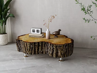 Natural Edge Wooden Coffee Table With Photo Frame Vase And Bird Decor 3d model