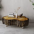 Natural Edge Wooden Coffee Table With Photo Frame Vase And Bird Decor