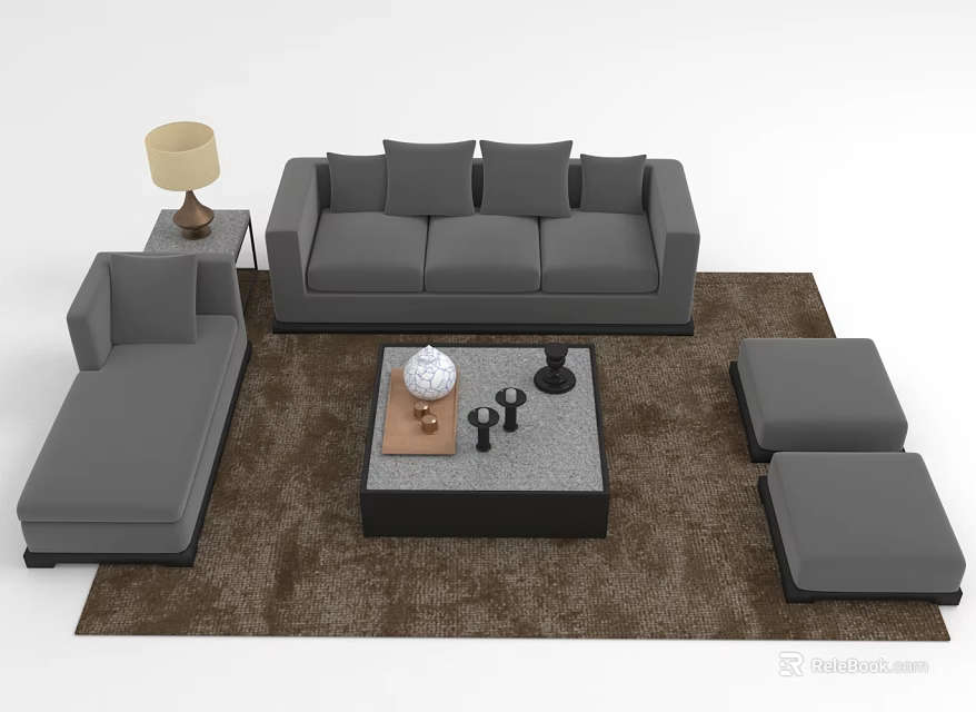 Modern Gray Sofa and Coffee Table Set with Ottoman Side Table Lamp and Brown Rug 3d model 
