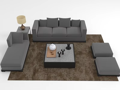 Modern Gray Sofa and Coffee Table Set with Ottoman Side Table Lamp and Brown Rug 3d model