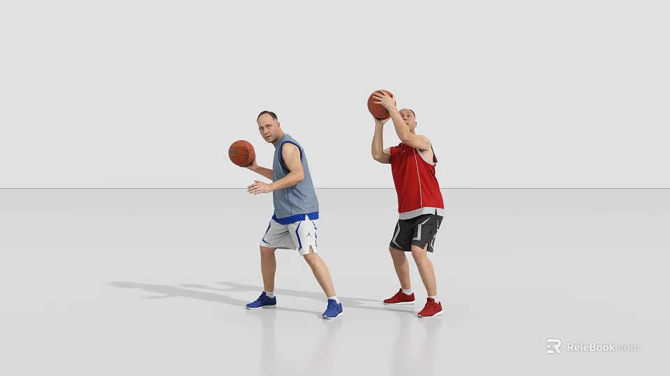 Two Men Playing Basketball Wearing Blue Red Vests White Black Shorts And Blue Red Shoes 3d model 