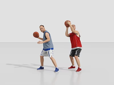 Two Men Playing Basketball Wearing Blue Red Vests White Black Shorts And Blue Red Shoes 3d model