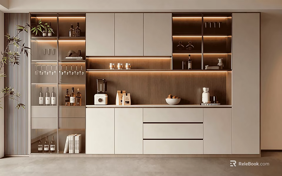 Elegant Modern Wine Cabinet With Glass Doors LED Lighting And Wine Bottles 3d model 