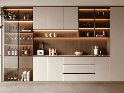 Elegant Modern Wine Cabinet With Glass Doors LED Lighting And Wine Bottles 3d model