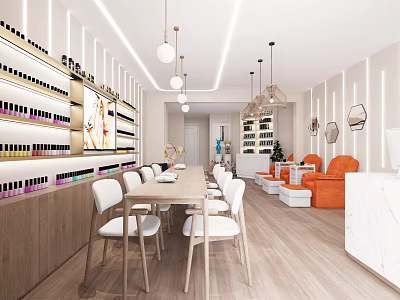 Elegant Modern Beauty Hair Salon Interior With Stylish Chairs And Product Shelves 3d model