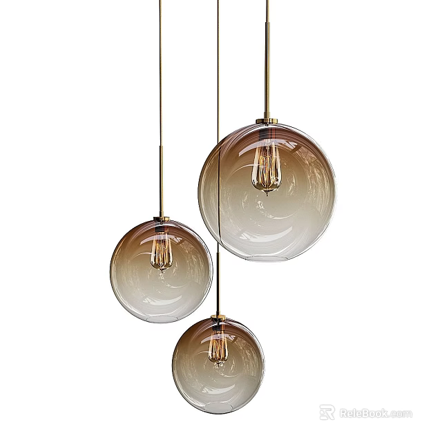 Modern Three Spherical Glass Pendant Lights With Brown Gradient Shades And Visible Filament Bulbs 3d model 