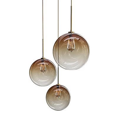 Modern Three Spherical Glass Pendant Lights With Brown Gradient Shades And Visible Filament Bulbs 3d model