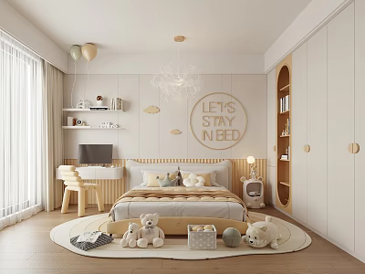 Cozy Modern Kids Bedroom With Plush Toys And Round Rug 3d model