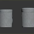 Two Ribbed Metal Trash Cans With Shiny Galvanized Finish And Open Lid