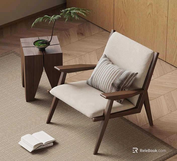 Modern Wooden Armchair With Beige Cushion Side Table Potted Plant Open Book On Herringbone Floor 3d model 