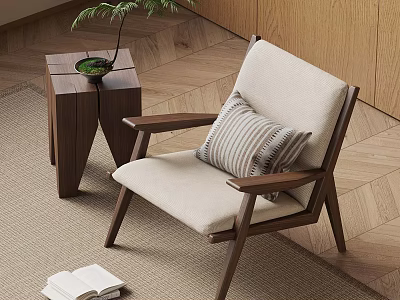 Modern Wooden Armchair With Beige Cushion Side Table Potted Plant Open Book On Herringbone Floor 3d model
