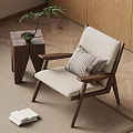 Modern Wooden Armchair With Beige Cushion Side Table Potted Plant Open Book On Herringbone Floor