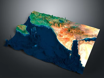 Detailed 3D Terrain Model With Colorful Elevated Landforms And Ocean Regions 3d model
