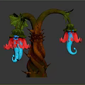 Unique Fantasy Plant with Twisted Trunk Spiked Red Flowers Green Leaves and Blue Curled Tips