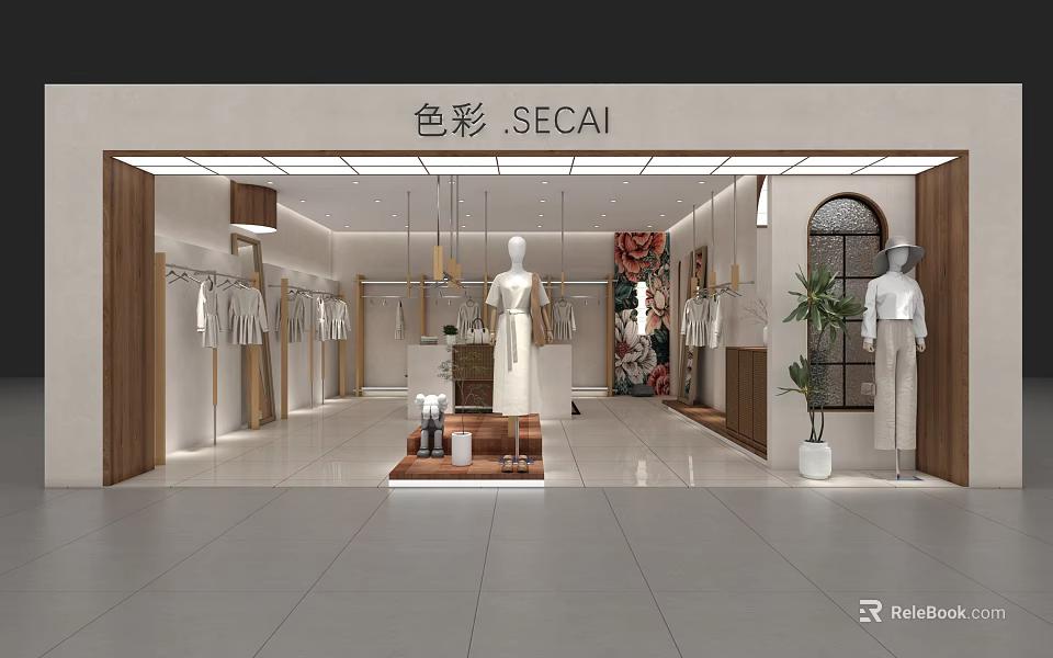 Elegant Modern Women Clothing Store Interior Design With Fine Display Mannequins And Wooden Clothing Racks 3d model 