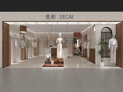 Elegant Modern Women Clothing Store Interior Design With Fine Display Mannequins And Wooden Clothing Racks 3d model
