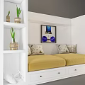 Modern Yellow Two-Seater Sofa With Decorative Pillows Wall Art Potted Plants And Glass Decor