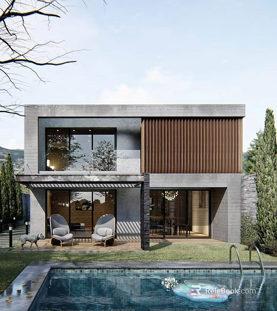 Modern Single Family House With Gray Facade Brown Slats Large Glass Windows Outdoor Seating And Lawn 3d model 