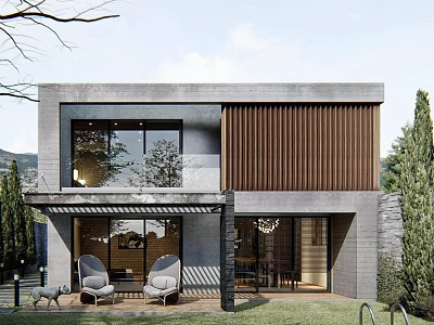 Modern Single Family House With Gray Facade Brown Slats Large Glass Windows Outdoor Seating And Lawn 3d model