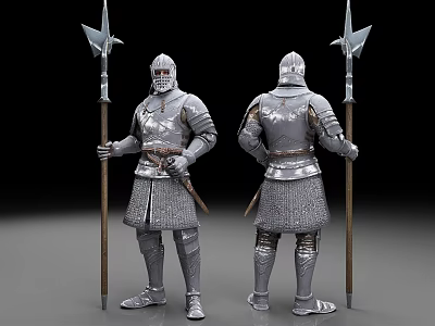 Medieval Man in Full Armor Holding Spear Front and Back View 3d model