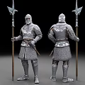 Medieval Man in Full Armor Holding Spear Front and Back View 3d model