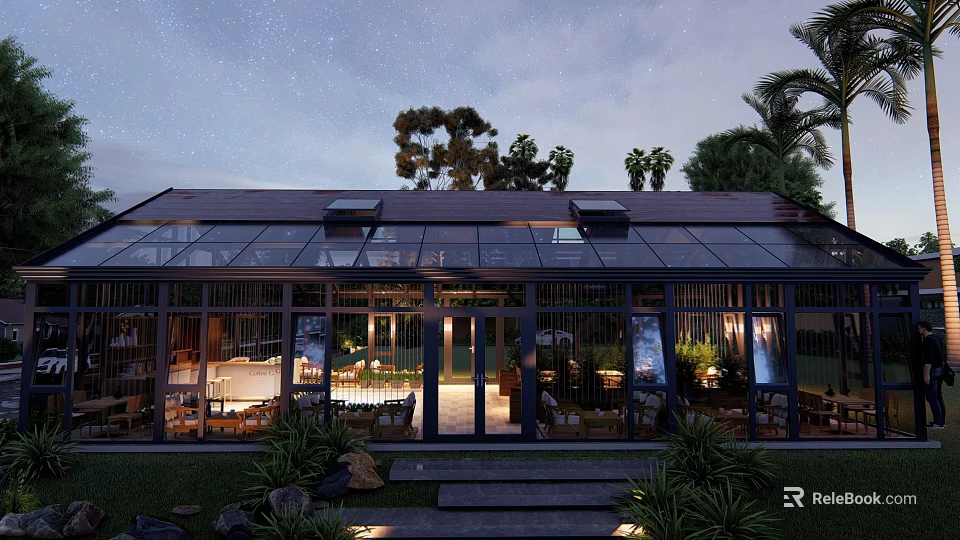 Starry Night Glass Pavilion With Glass Roof Trees And Outdoor Dining Lights 3d model 
