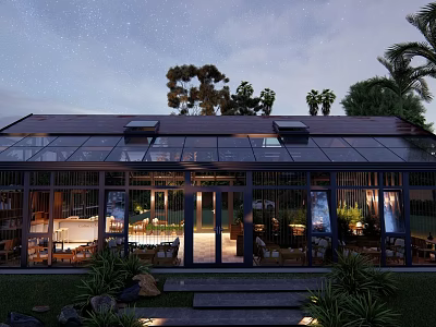 Starry Night Glass Pavilion With Glass Roof Trees And Outdoor Dining Lights 3d model