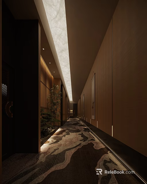Modern Elevator Hallway Interior With Wooden Panel Walls Recessed Lighting Patterned Carpet And Decorative Plants 3d model 