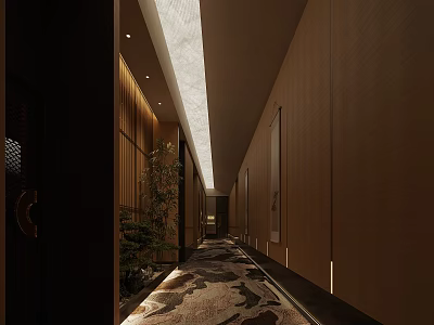 Modern Elevator Hallway Interior With Wooden Panel Walls Recessed Lighting Patterned Carpet And Decorative Plants 3d model
