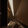 Modern Elevator Hallway Interior With Wooden Panel Walls Recessed Lighting Patterned Carpet And Decorative Plants