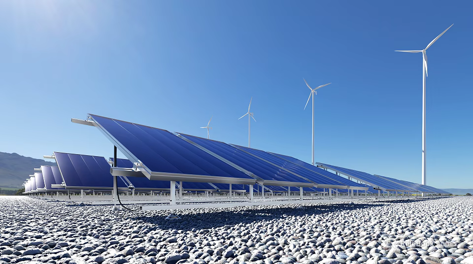 Solar Panels With Wind Turbines At Renewable Energy Site On Gravel Ground Under Sunny Sky 3d model 