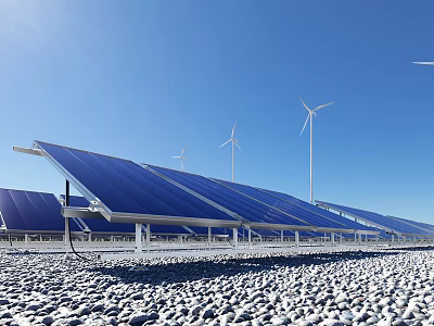 Solar Panels With Wind Turbines At Renewable Energy Site On Gravel Ground Under Sunny Sky 3d model