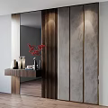 Modern Interior Design With Wooden Slat Partition Marble Wall Decorative Vase Red Flowers And Books