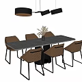 Modern Rectangular Dining Table Set With Brown Quilted Chairs And Black Pendant Lights 3d model
