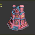 Cartoon Style Pink And Blue House Model With Towers Windows Wooden Door And Steps